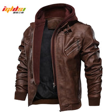 Load image into Gallery viewer, Men&#39;s Autumn Winter Motorcycle Leather Jacket Windbreaker Hooded PU Jackets Male Outwear Warm Baseball Jackets Plus Size 3XL