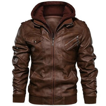 Load image into Gallery viewer, Men&#39;s Autumn Winter Motorcycle Leather Jacket Windbreaker Hooded PU Jackets Male Outwear Warm Baseball Jackets Plus Size 3XL