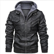 Load image into Gallery viewer, Men&#39;s Autumn Winter Motorcycle Leather Jacket Windbreaker Hooded PU Jackets Male Outwear Warm Baseball Jackets Plus Size 3XL